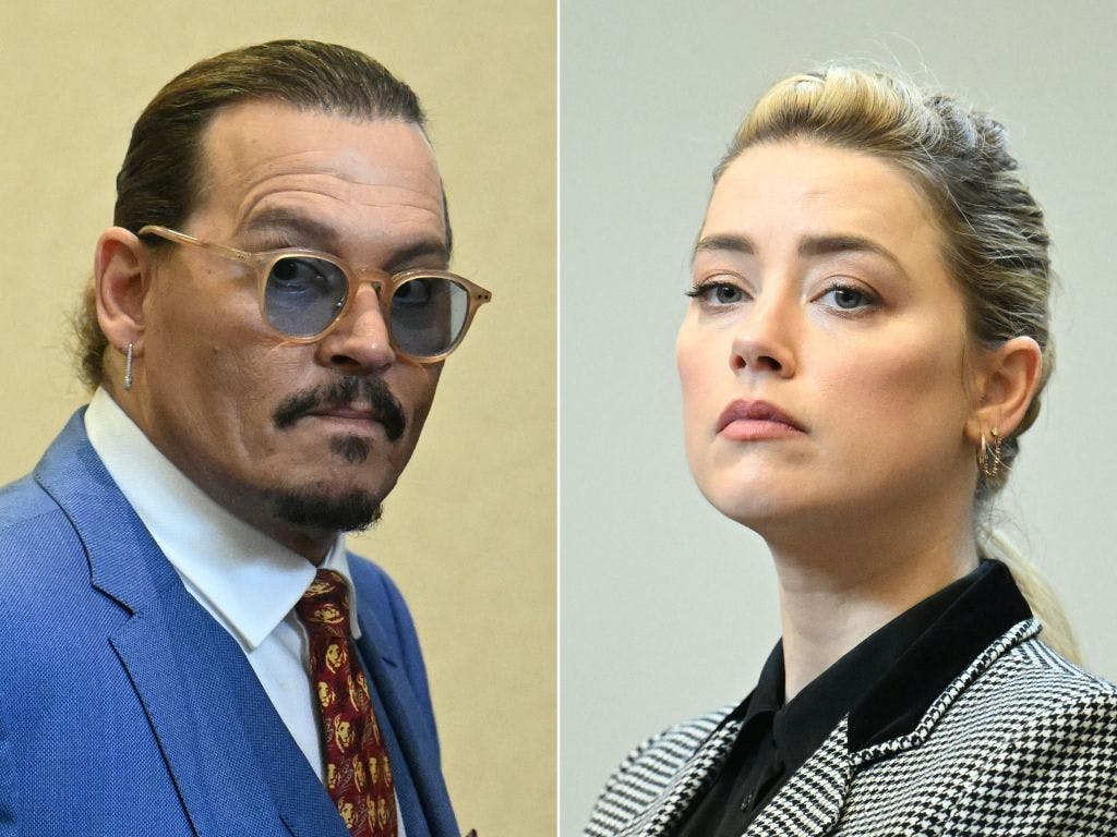 (COMBO) This combination of pictures created on June 1, 2022 shows US Actor Johnny Depp (L) attending the trial at the Fairfax County Circuit Courthouse in Fairfax, Virginia, on May 24, 2022 and US actress Amber Heard looking on in the courtroom at the Fairfax County Circuit Courthouse in Fairfax, Virginia, on May 24, 2022. - US actress Amber Heard said she was disappointed "beyond words" on June 1, 2022 after a jury found she had made defamatory claims of abuse against her ex-husband Johnny Depp, calling it a "setback" for women. (Photo by JIM WATSON / POOL / AFP) (Photo by JIM WATSON/POOL/AFP via Getty Images)