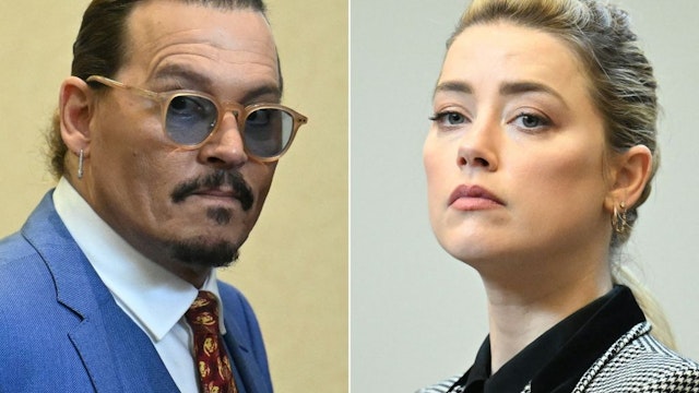 (COMBO) This combination of pictures created on June 1, 2022 shows US Actor Johnny Depp (L) attending the trial at the Fairfax County Circuit Courthouse in Fairfax, Virginia, on May 24, 2022 and US actress Amber Heard looking on in the courtroom at the Fairfax County Circuit Courthouse in Fairfax, Virginia, on May 24, 2022. - US actress Amber Heard said she was disappointed "beyond words" on June 1, 2022 after a jury found she had made defamatory claims of abuse against her ex-husband Johnny Depp, calling it a "setback" for women. (Photo by JIM WATSON / POOL / AFP) (Photo by JIM WATSON/POOL/AFP via Getty Images)