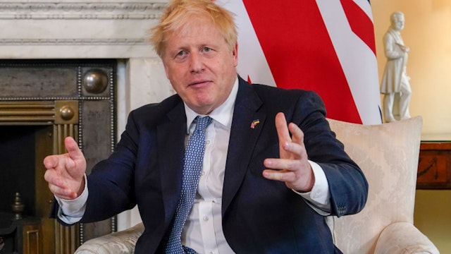 LONDON, ENGLAND - JUNE 06: Britain's Prime Minister Boris Johnson gestures as he meets with Prime Minister of Estonia Kaja Kallas (not pictured) at 10 Downing Street on June 06, 2022 in London, England. The UK's Prime Minister Boris Johnson will face a vote of confidence among Conservative MPs this evening, after at least 54 MPs submitted letters to a party committee to trigger the vote. He can prevail with a simple majority. (Photo by Alberto Pezzali-WPA Pool/Getty Images)
