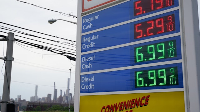 NEW JERSEY, USA - JUNE 7: Gas prices over $5.00 a gallon are displayed at gas stations in New Jersey, USA, on June 7, 2022. (Photo by Lokman Vural Elibol/Anadolu Agency via Getty Images)
