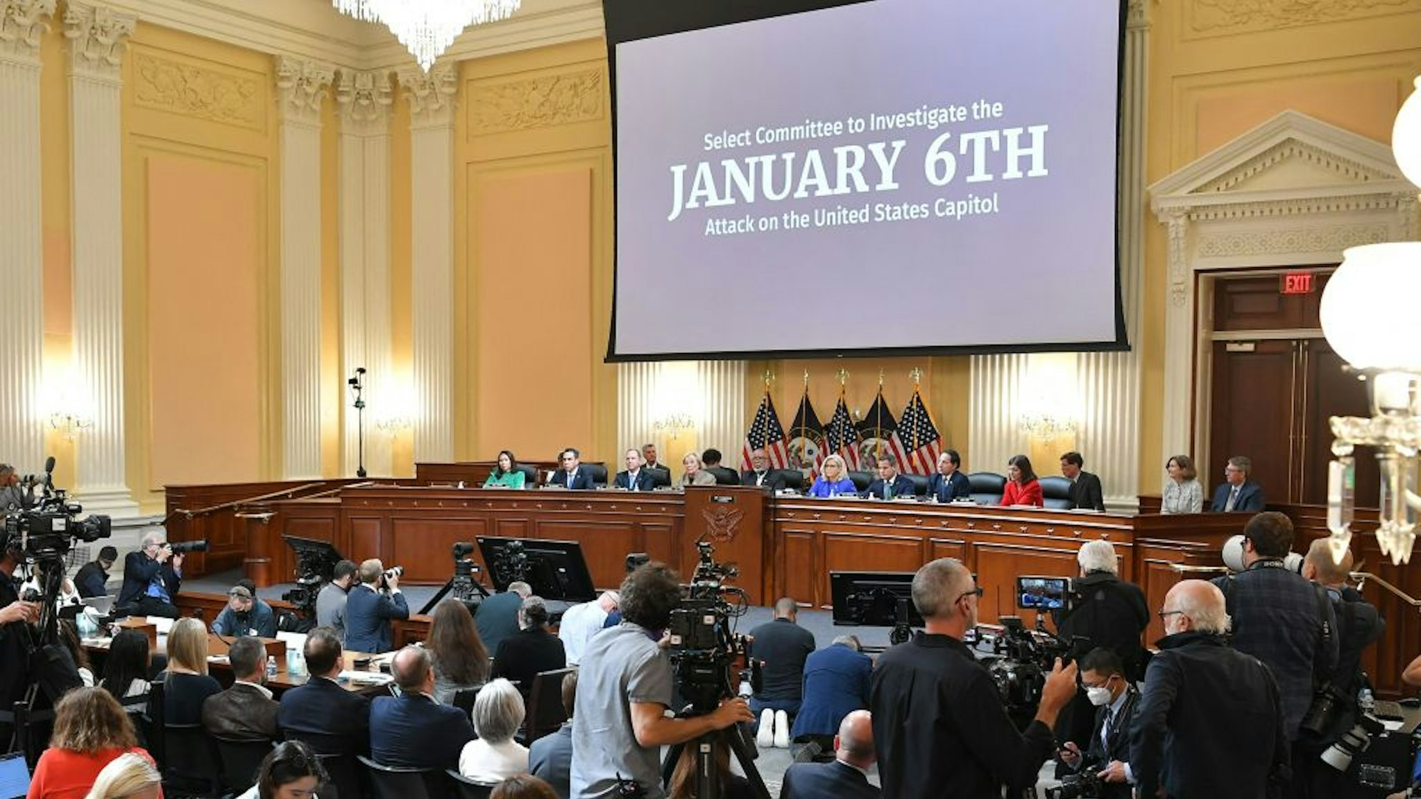 A general view shows a House Select Committee hearing to Investigate the January 6th Attack on the US Capitol, in the Cannon House Office Building on Capitol Hill in Washington, DC on June 9, 2022. (Photo by MANDEL NGAN / POOL / AFP) (Photo by MANDEL NGAN/POOL/AFP via Getty Images)