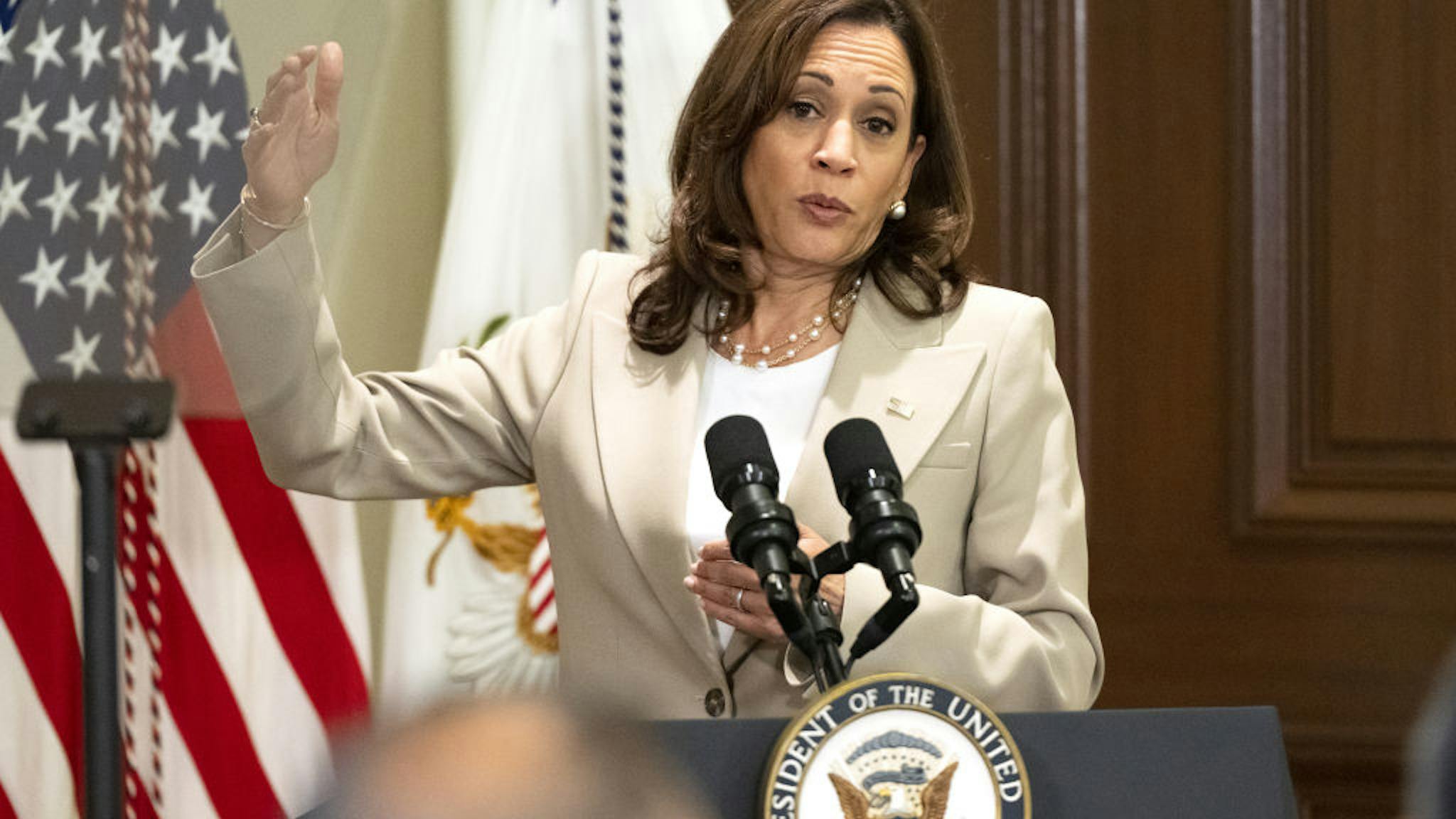 Vice President Harris Announces White House Task Force To Address Online Harassment And Abuse US Vice President Kamala Harris speaks at the launch of the White House task force to address online harassment and abuse in the Eisenhower Executive Office Building in Washington, D.C., US, on Thursday, June 16, 2022. The task force will focus on increasing support for survivors, expanding research and improving prevention efforts. Photographer: Ron Sachs/CNP/Bloomberg via Getty Images