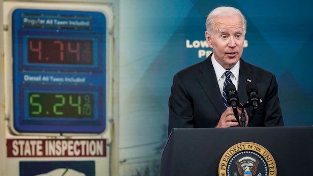 WASHINGTON, DC - JUNE 22: U.S. President Joe Biden speaks about gas prices in the South Court Auditorium at the White House campus on June 22, 2022 in Washington, DC. Biden called on Congress to temporarily suspend the federal gas tax. (Photo by Drew Angerer/Getty Images)