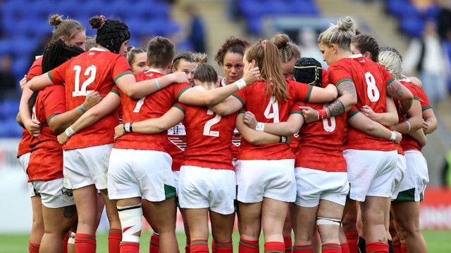 Players of Wales form a huddle following defeat in the Rugby League International match between England Women and Wales Women at The Halliwell Jones Stadium on June 25, 2021 in Warrington, England.