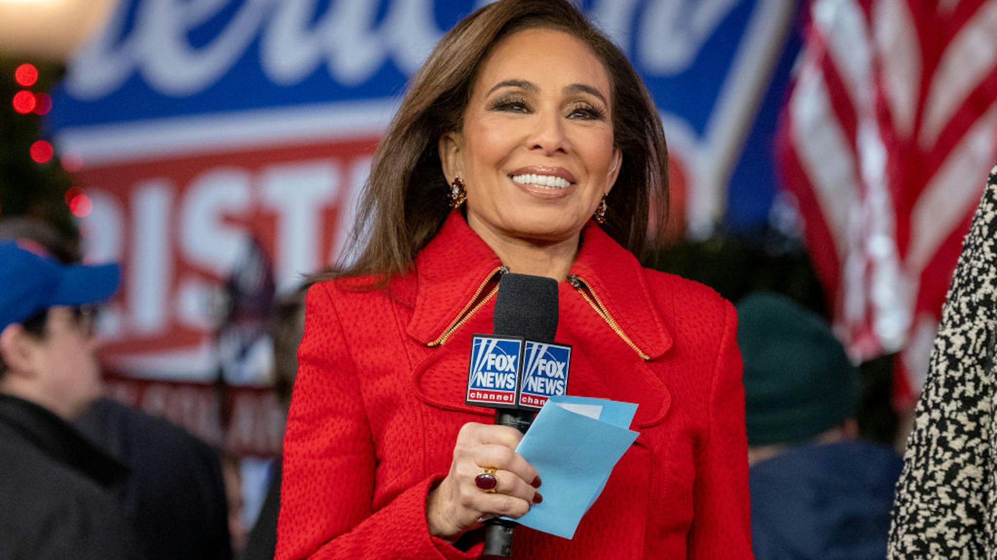 NEW YORK, NEW YORK - DECEMBER 09: Jeanine Pirro attends the new All-American Christmas Tree lighting outside News Corporation at Fox Square on December 9, 2021 in New York City. The original 50-foot tree displayed on FOX Square in Midtown Manhattan was allegedly set on fire by a man during the early morning hours of December 8, 2021. He was later arrested. (Photo by Alexi Rosenfeld/Getty Images)