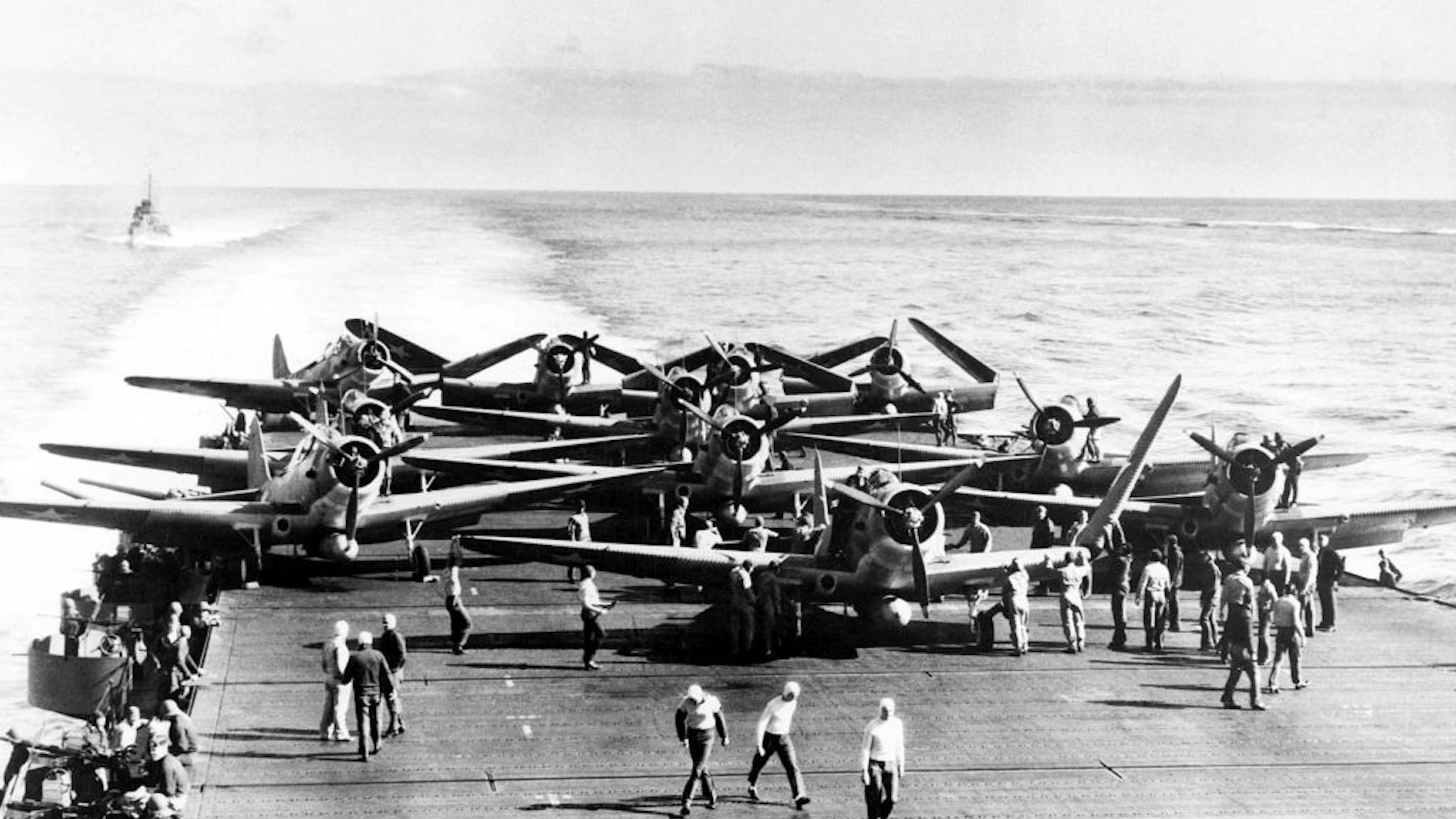 USA/Japan: TBD-1 torpedo bombers on the deck of USS Enterprise before launching an attack against four Japanese carriers in the Battle of Midway, 4 June, 1942. The squadron lost ten of fourteen aircraft during the attack. (Photo by: Pictures from History/Universal Images Group via Getty Images)
