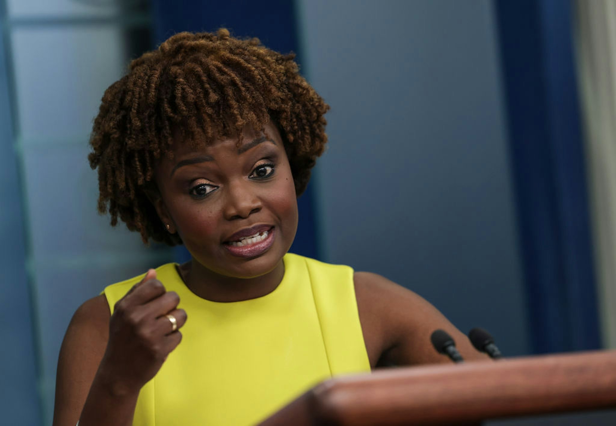 WASHINGTON, DC - JUNE 02: White House Press Secretary Karine Jean-Pierre addresses reporters during the daily press briefing at the White House on June 02, 2022 in Washington, DC. Jean-Pierre spoke on gun control, inflation and the economy and the ongoing baby formula shortage. (Photo by Kevin Dietsch/Getty Images)