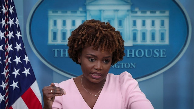 WASHINGTON, DC - JUNE 13: White House press secretary Karine Jean-Pierre answers questions during the daily briefing at the White House June 13, 2002 in Washington, DC. Jean-Pierre answered a range of questions during the briefing related to proposed gun reform legislation, and a planned trip to Saudi Arabia and Israel. (Photo by Win McNamee/Getty Images)