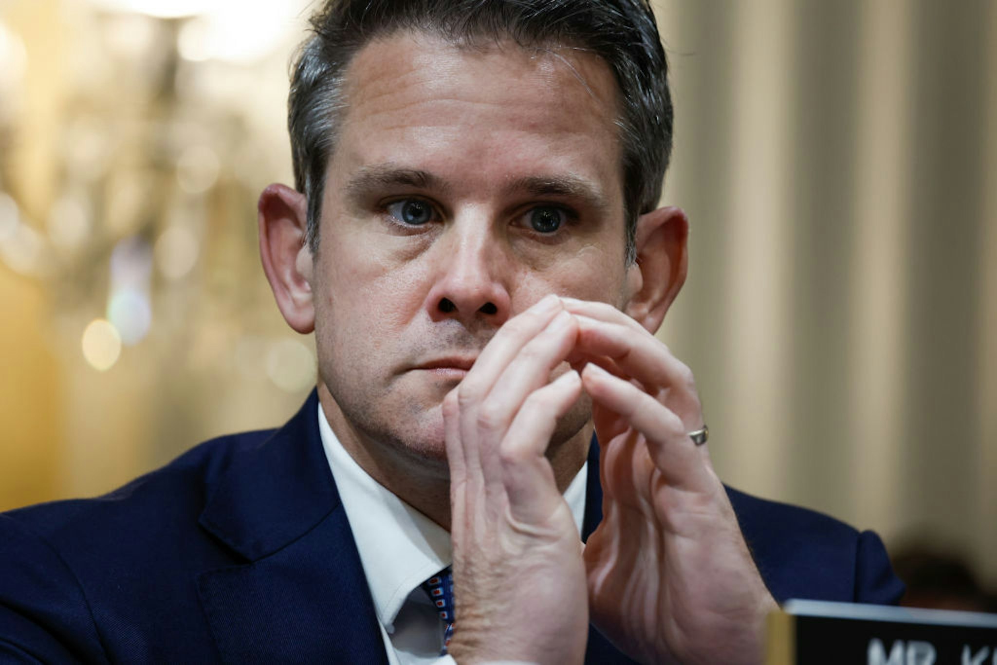 WASHINGTON, DC - JUNE 16: U.S. Rep. Adam Kinzinger (R-IN) listens during the third hearing by the Select Committee to Investigate the January 6th Attack on the U.S. Capitol in the Cannon House Office Building on June 16, 2022 in Washington, DC. The bipartisan committee, which has been gathering evidence for almost a year related to the January 6 attack at the U.S. Capitol, is presenting its findings in a series of televised hearings. On January 6, 2021, supporters of former President Donald Trump attacked the U.S. Capitol Building during an attempt to disrupt a congressional vote to confirm the electoral college win for President Joe Biden. (Photo by Anna Moneymaker/Getty Images)
