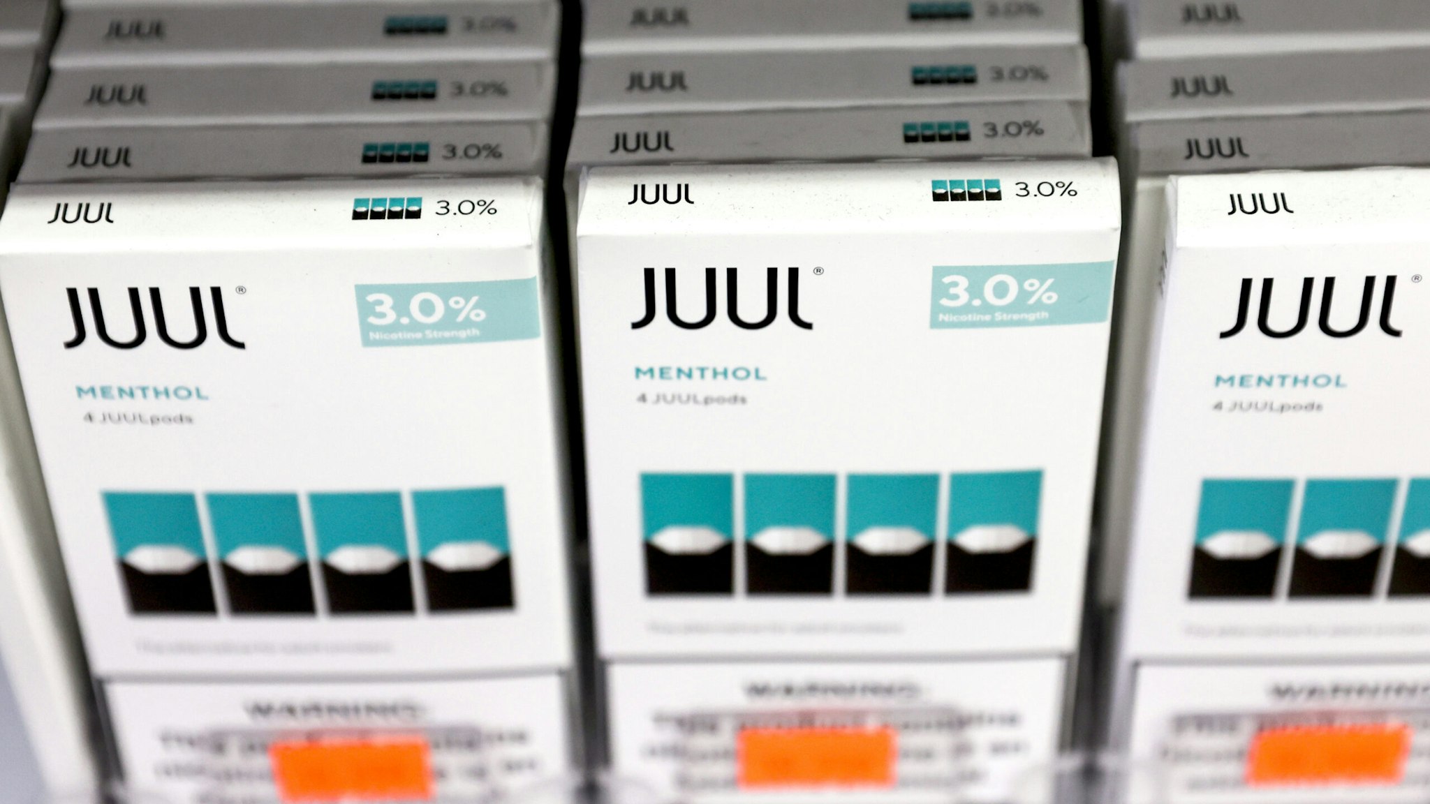 LOS ANGELES, CALIFORNIA - JUNE 22: Packages of Juul e-cigarettes are displayed for sale in the Brazil Outlet shop on June 22, 2022 in Los Angeles, California. The Food and Drug Administration (FDA) is reportedly preparing to order Juul Labs Inc. to remove its e-cigarette products from the U.S. market.