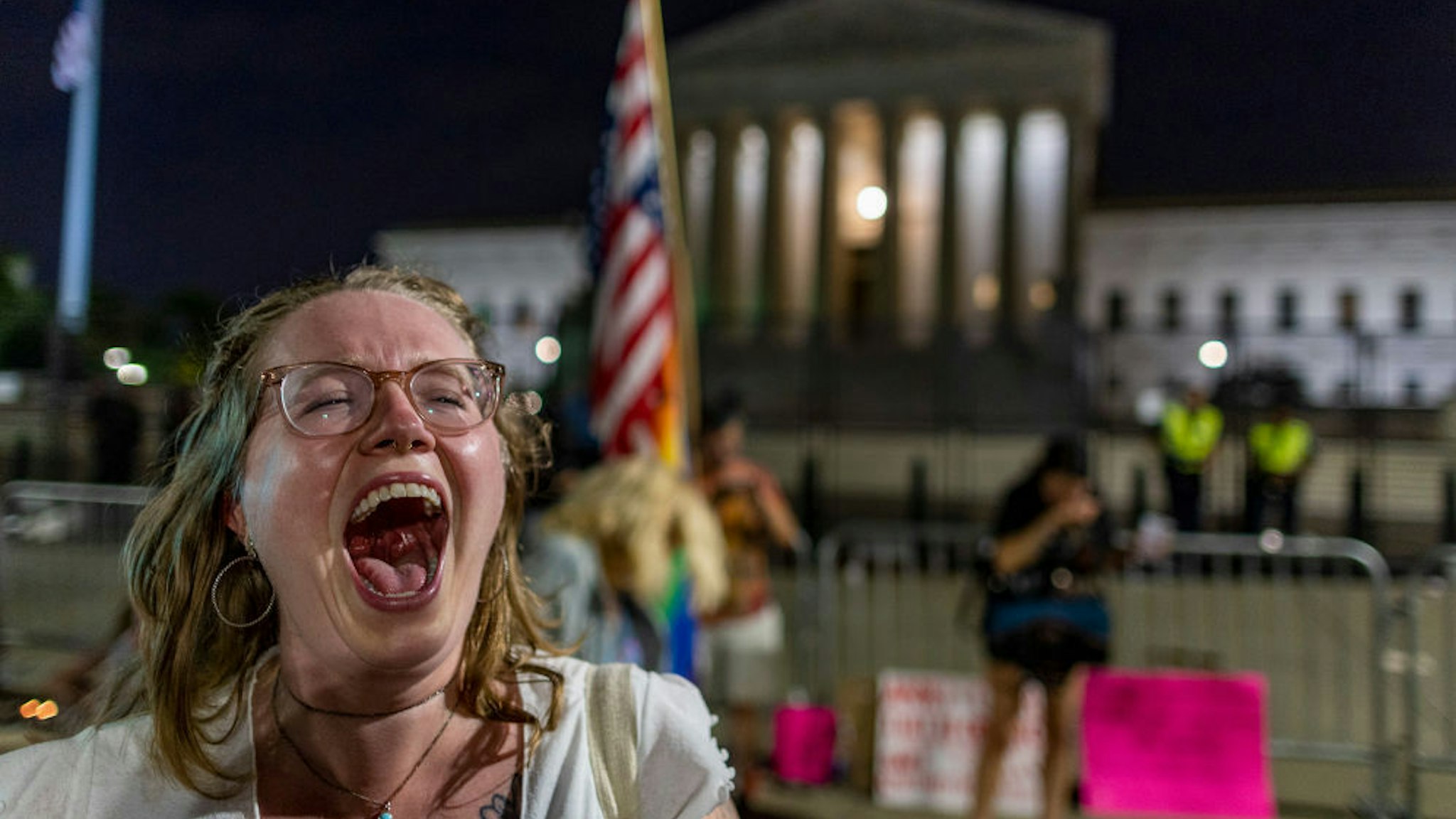 Abortion rights protesters gather at the U.S. Supreme Court to denounce the court's decision to end federal abortion rights protections on June 26, 2022 in Washington, DC.