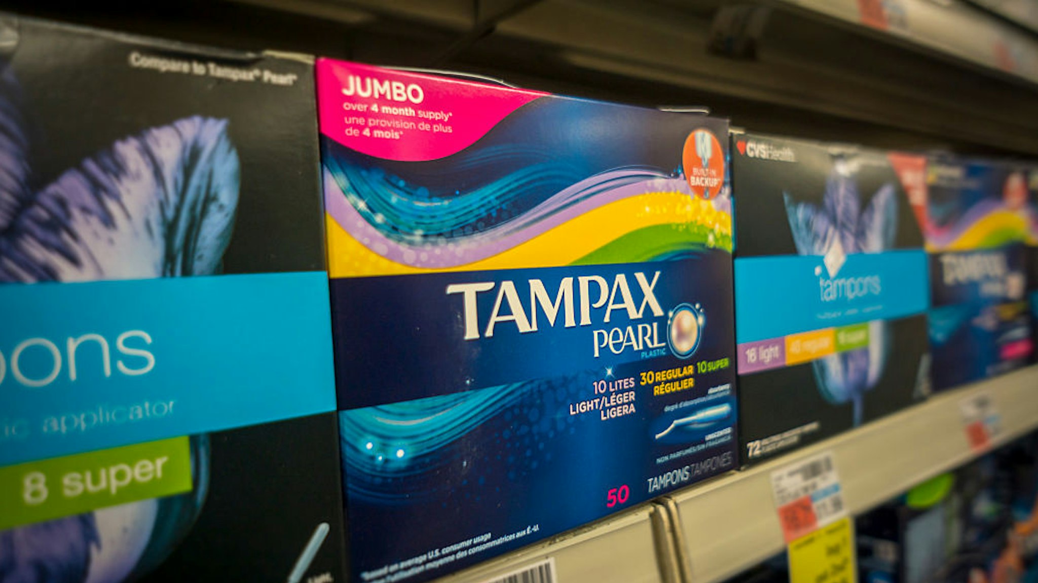 Packages of Tampax brand tampons on a drugstore shelf in New York on Wednesday, February 10, 2016. A bill making its way through the Utah legislature would eliminate tax on tampons and other feminine hygiene products. 40 states currently impose a sales tax on feminine hygiene products and there is also a bill under consideration in California to eliminate the tax. (�� Richard B. Levine) (Photo by Richard Levine/Corbis via Getty Images)