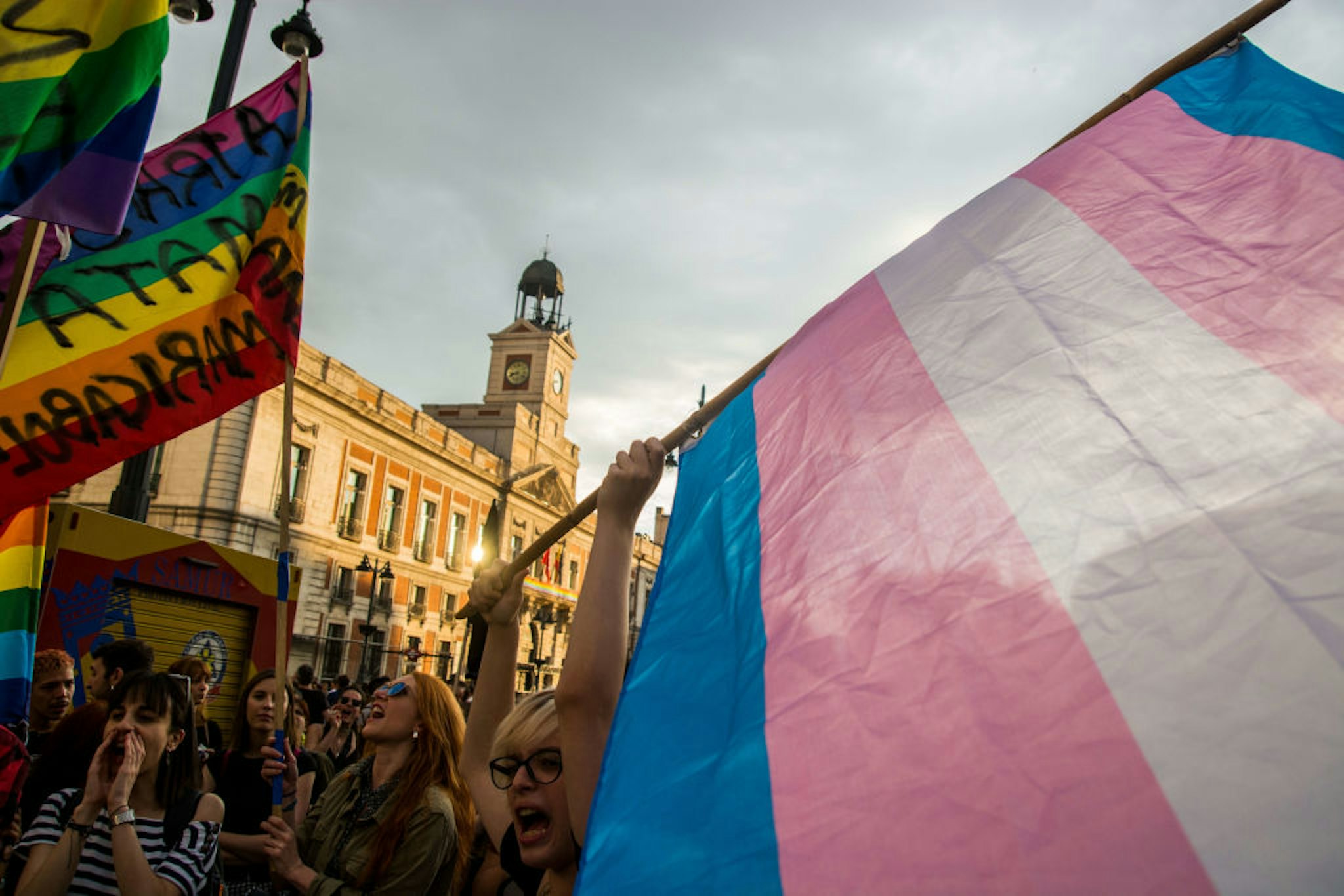 MADRID, SPAIN - 2017/05/17: People waving the rainbow flag during a demonstration for the International Day against Homophobia, Transphobia and Biphobia. (Photo by Marcos del Mazo/LightRocket via Getty Images)