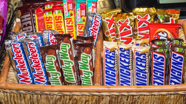 A basket of chocolate bars in the lobby at Allure Resort International Drive hotel.
