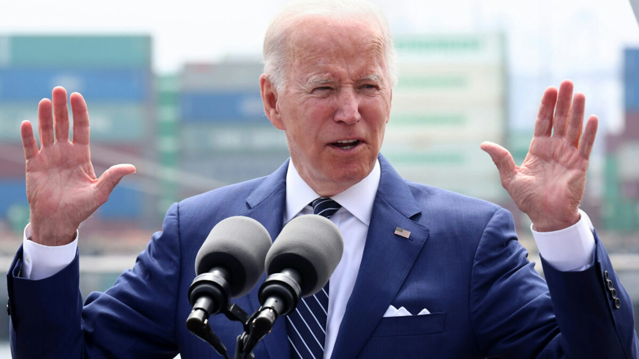 U.S. President Joe Biden delivers remarks aboard the Battleship USS Iowa Museum at the Port of Los Angeles on June 10, 2022 in Los Angeles, California.