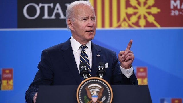 MADRID, SPAIN - JUNE 30: US President Joe Biden holds his press conference at the NATO Summit on June 30, 2022 in Madrid, Spain. During the summit in Madrid, on June 30 NATO leaders will make the historic decision whether to increase the number of high-readiness troops above 300,000 to face the Russian threat. (Photo by Denis Doyle/Getty Images)