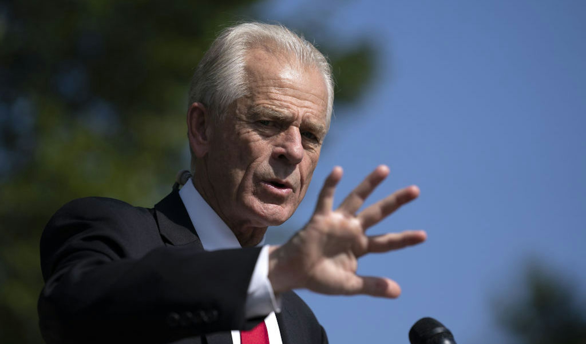 Peter Navarro, director of the National Trade Council, speaks to members of the media outside the White House in Washington, D.C., U.S., on Friday, Aug. 28, 2020. Navarro, who has come out against a potential sale to Microsoft and advocated banning TikTok completely, has been at odds with Treasury Secretary Steven Mnuchin, who wants the app sold, according to a person familiar with the deliberations within the White House. Navarro said there were “no tensions whatsoever” between himself and Mnuchin. Photographer: Stefani Reynolds/Sipa/Bloomberg
