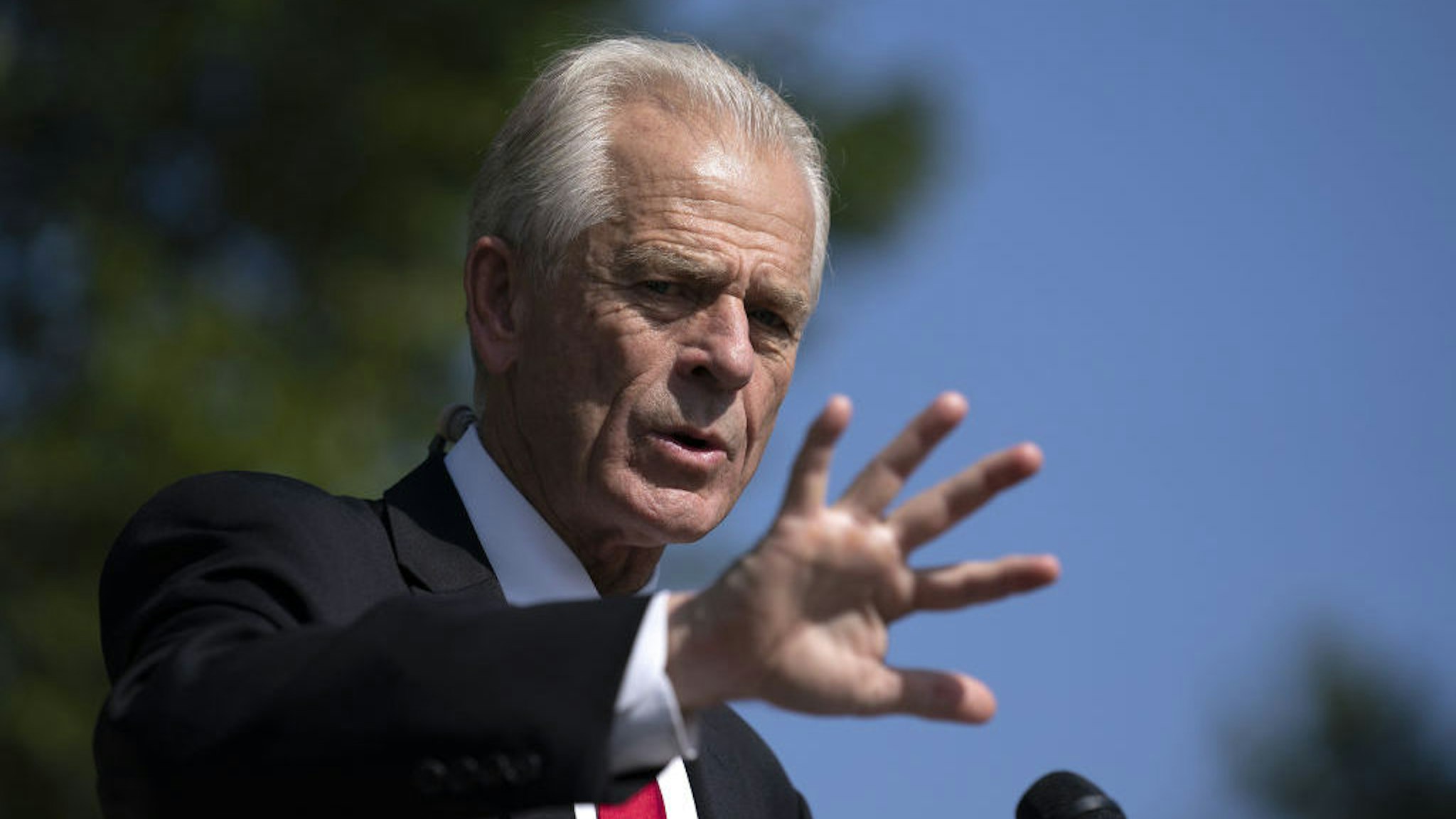 Peter Navarro, director of the National Trade Council, speaks to members of the media outside the White House in Washington, D.C., U.S., on Friday, Aug. 28, 2020. Navarro, who has come out against a potential sale to Microsoft and advocated banning TikTok completely, has been at odds with Treasury Secretary Steven Mnuchin, who wants the app sold, according to a person familiar with the deliberations within the White House. Navarro said there were “no tensions whatsoever” between himself and Mnuchin. Photographer: Stefani Reynolds/Sipa/Bloomberg