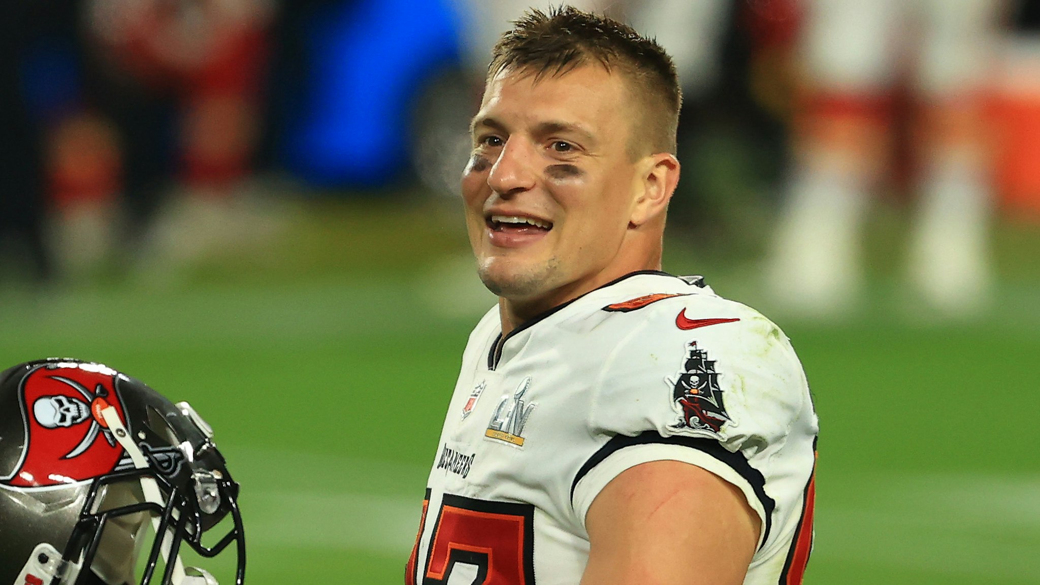 Rob Gronkowski #87 of the Tampa Bay Buccaneers reacts after defeating the Kansas City Chiefs in Super Bowl LV at Raymond James Stadium on February 07, 2021 in Tampa, Florida.
