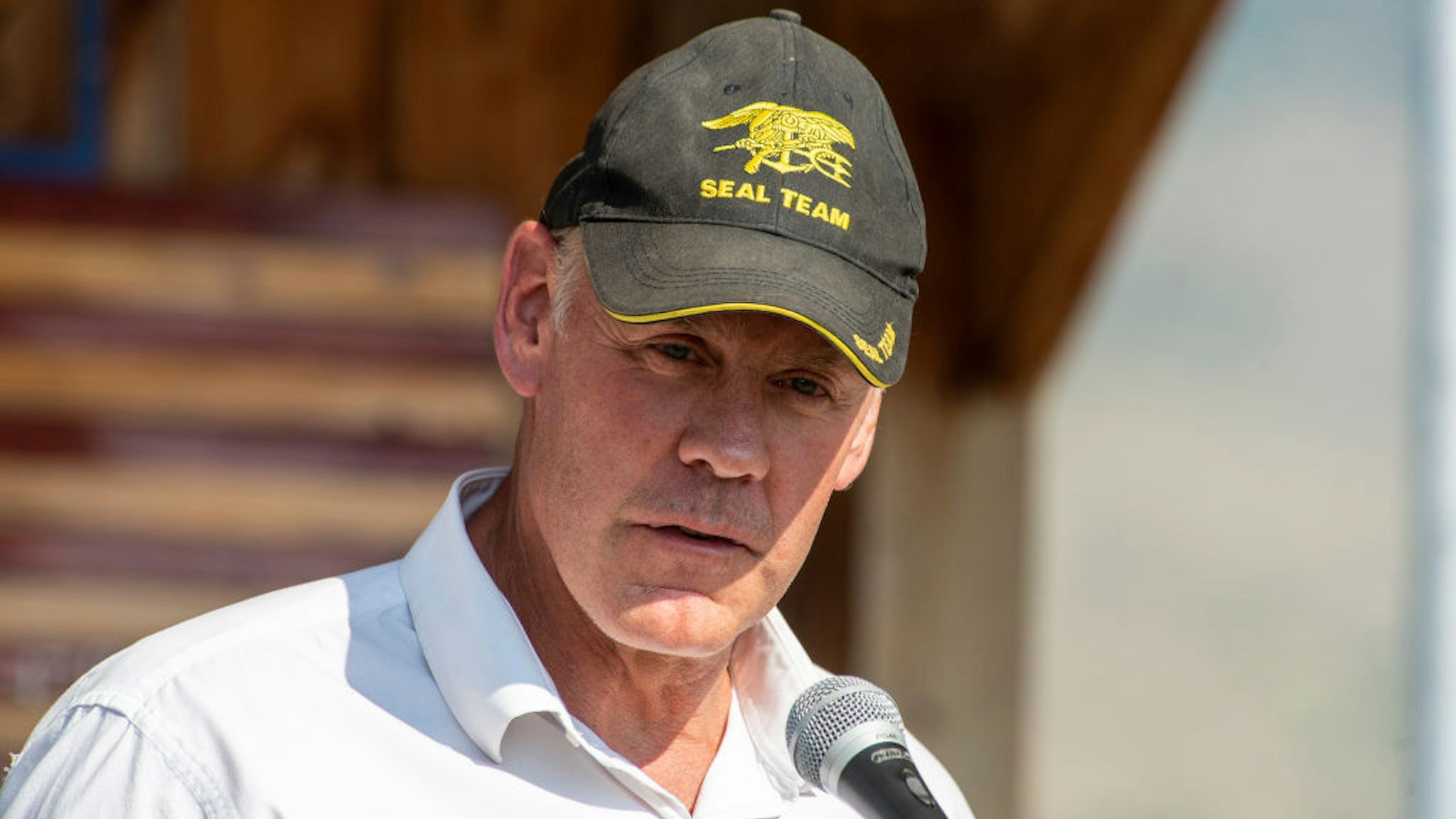 EMIGRANT, MT - JULY 24: Republican Ryan Zinke, a contender for Montanas second congressional seat, speaks at the ceremony to honor the four airman killed in a 1962 B-47 crash at 8,500 feet on Emigrant Peak on July 24, 2021 in Emigrant, Montana. A recent bipartisan Act of Congress will honor the airman with a memorial at the crash site.