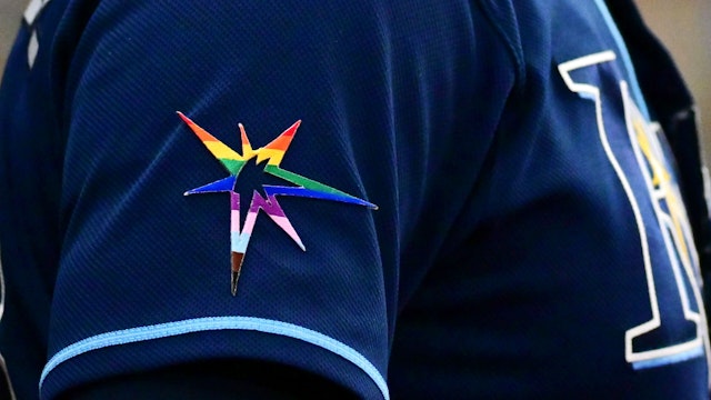 ST PETERSBURG, FLORIDA - JUNE 04: A detail of the Tampa Bay Rays pride burst logo celebrating Pride Month during a game against the Chicago White Sox at Tropicana Field on June 04, 2022 in St Petersburg, Florida.