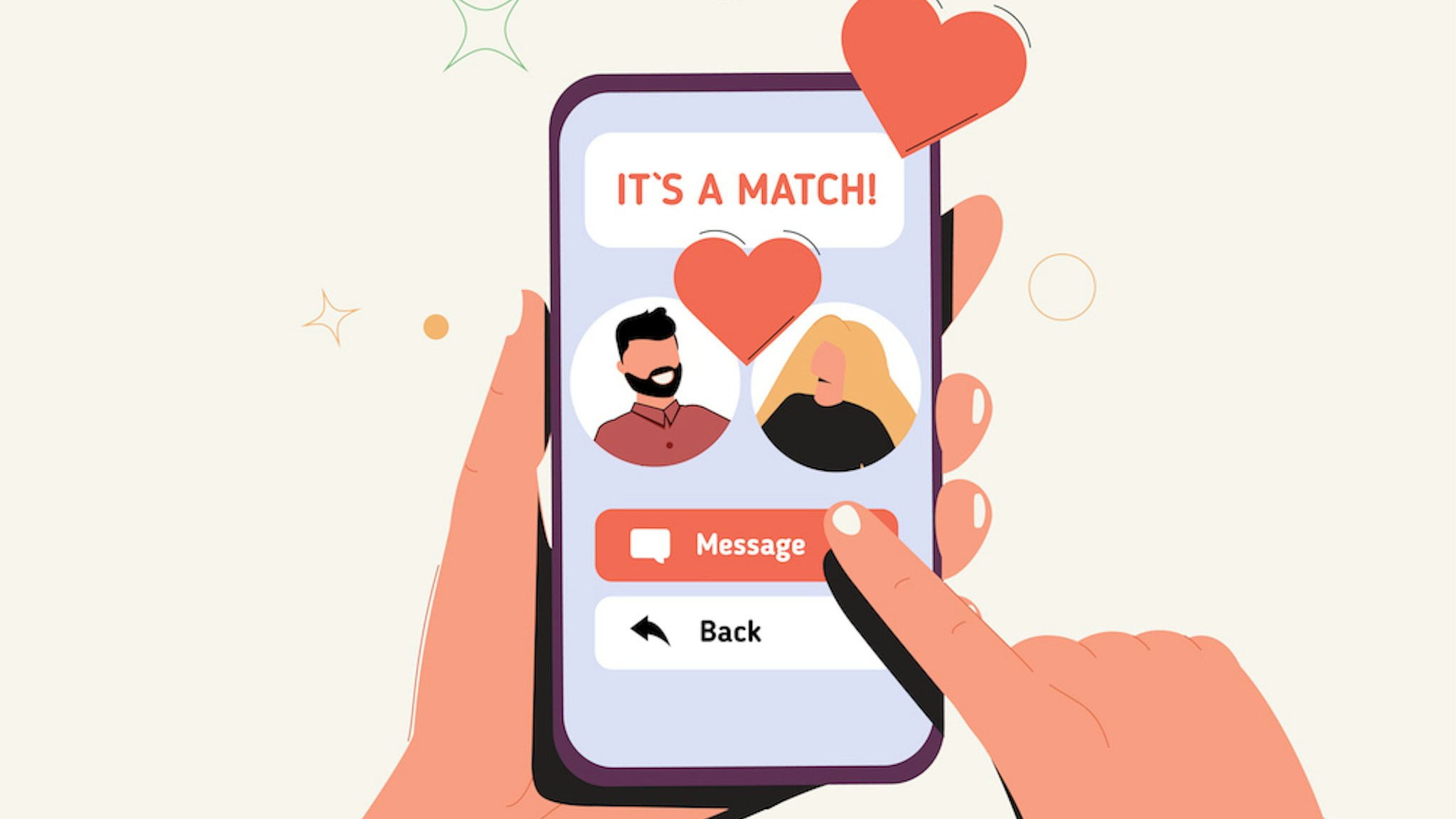 Female hand holding mobile phone with dating app interface. Couple match in online application on smartphone. Virtual pair building. Colored flat vector illustration isolated on white background. (Mykyta Dolmatov/Getty Images)