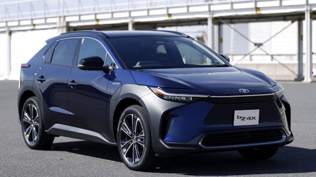 A Toyota Motor Corp. bZ4X electric sport utility vehicle (SUV) displayed during a test drive at Sodegaura Forest Raceway in Sodegaura, Chiba Prefecture, Japan, on Thursday, Feb. 24, 2022