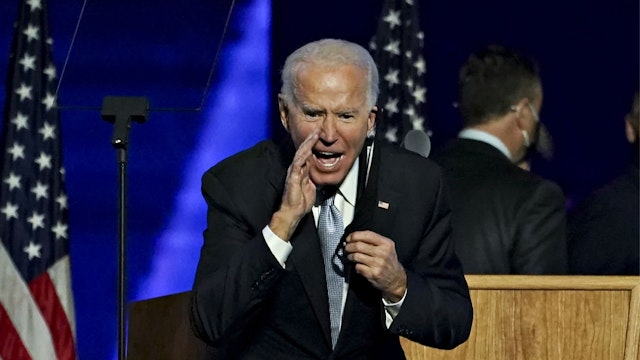 U.S. President-elect Joe Biden yells to the audience after speaking during an election event in Wilmington, Delaware, U.S., on Saturday, Nov. 7, 2020.
