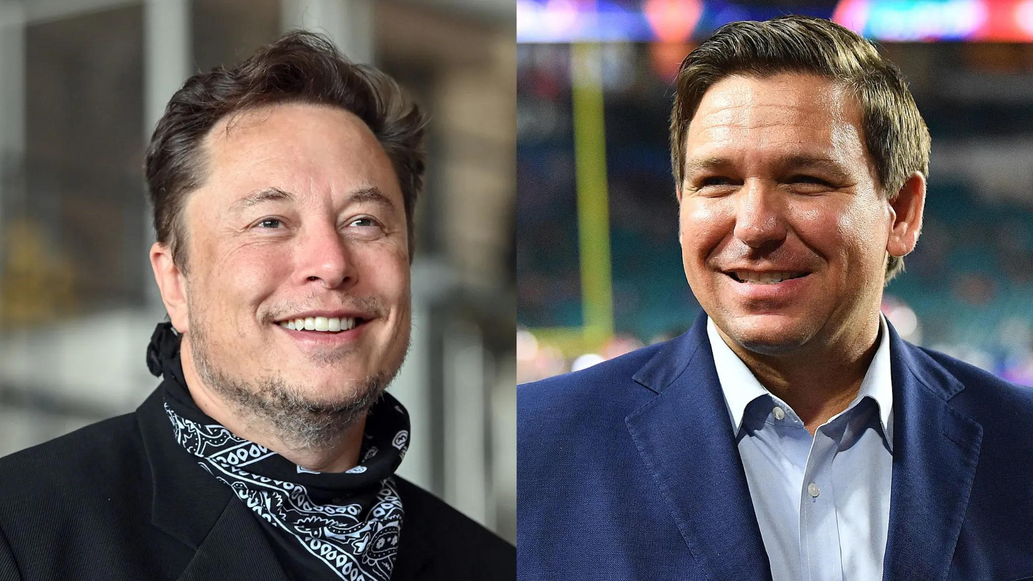 Elon Musk, Ron DeSantis 13 August 2021, Brandenburg, Grünheide: Elon Musk, Tesla CEO, stands in the foundry of the Tesla Gigafactory during a press event. The first vehicles are scheduled to roll off the production line in Grünheide near Berlin from the end of 2021. MIAMI, FLORIDA - DECEMBER 30: Florida Gov. Ron DeSantis looks ons during warms up prior to the Capital One Orange Bowl between the Florida Gators and the Virginia Cavaliers at Hard Rock Stadium on December 30, 2019 in Miami, Florida.