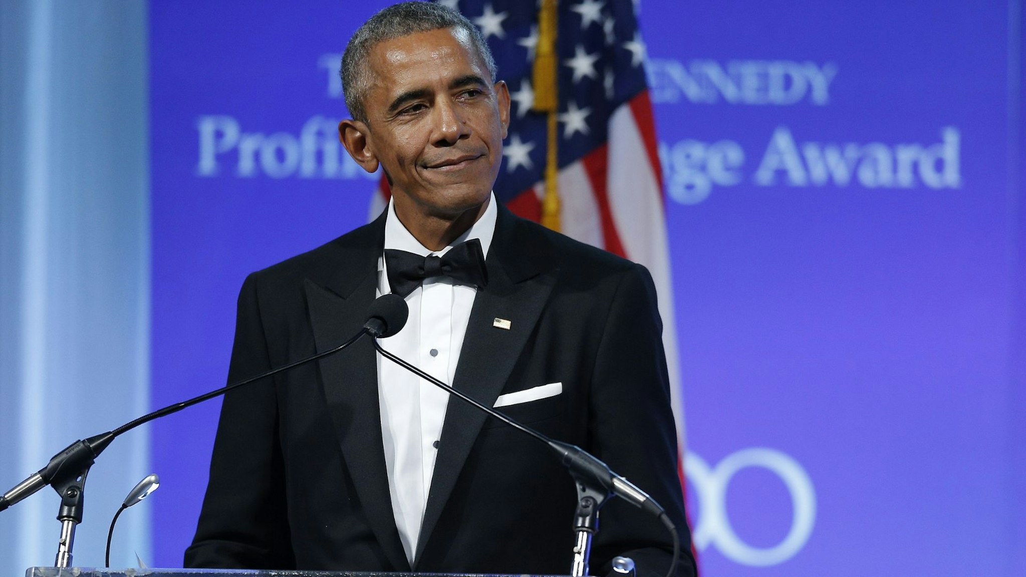 WASHINGTON, DC - MAY 7: Former U.S. President Barack Obama speaks after receiving the 2017 John F. Kennedy Profile In Courage Award from Caroline Kennedy at the John F. Kennedy Library May 7, 2017 in Boston, Massachusetts.