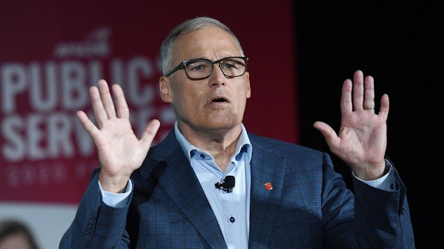 LAS VEGAS, NEVADA - AUGUST 03: Democratic presidential candidate and Washington Gov. Jay Inslee speaks during the 2020 Public Service Forum hosted by the American Federation of State, County and Municipal Employees (AFSCME) at UNLV on August 3, 2019 in Las Vegas, Nevada.