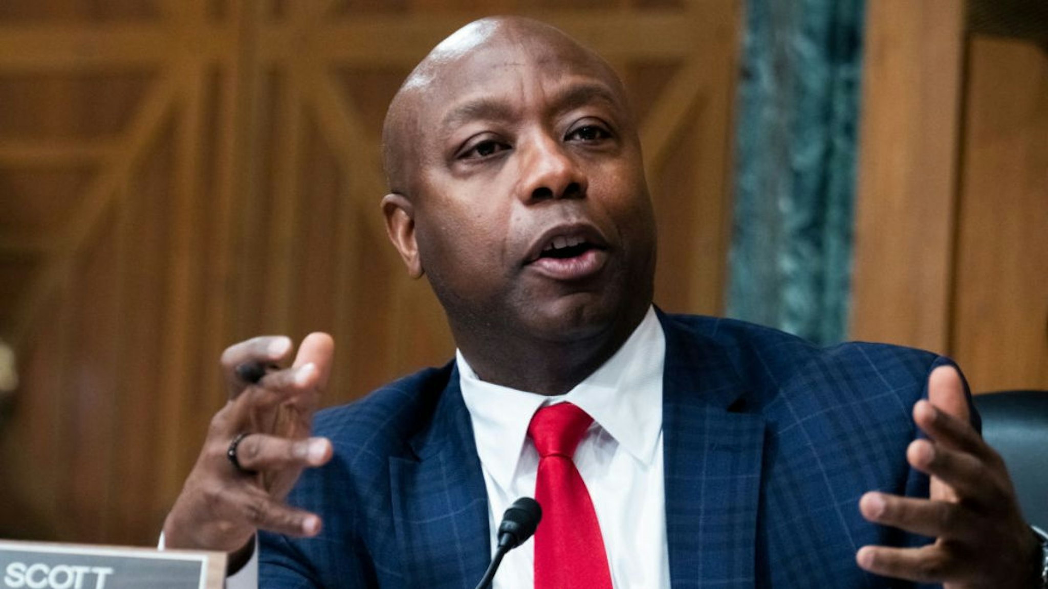 Sen. Tim Scott, R-S.C., questions Federal Reserve Chairman Jerome Powell during the Senate Banking Committee hearing titled The Semiannual Monetary Policy Report to the Congress, in Dirksen Building in Washington, D.C., on Thursday, March 3, 2022.