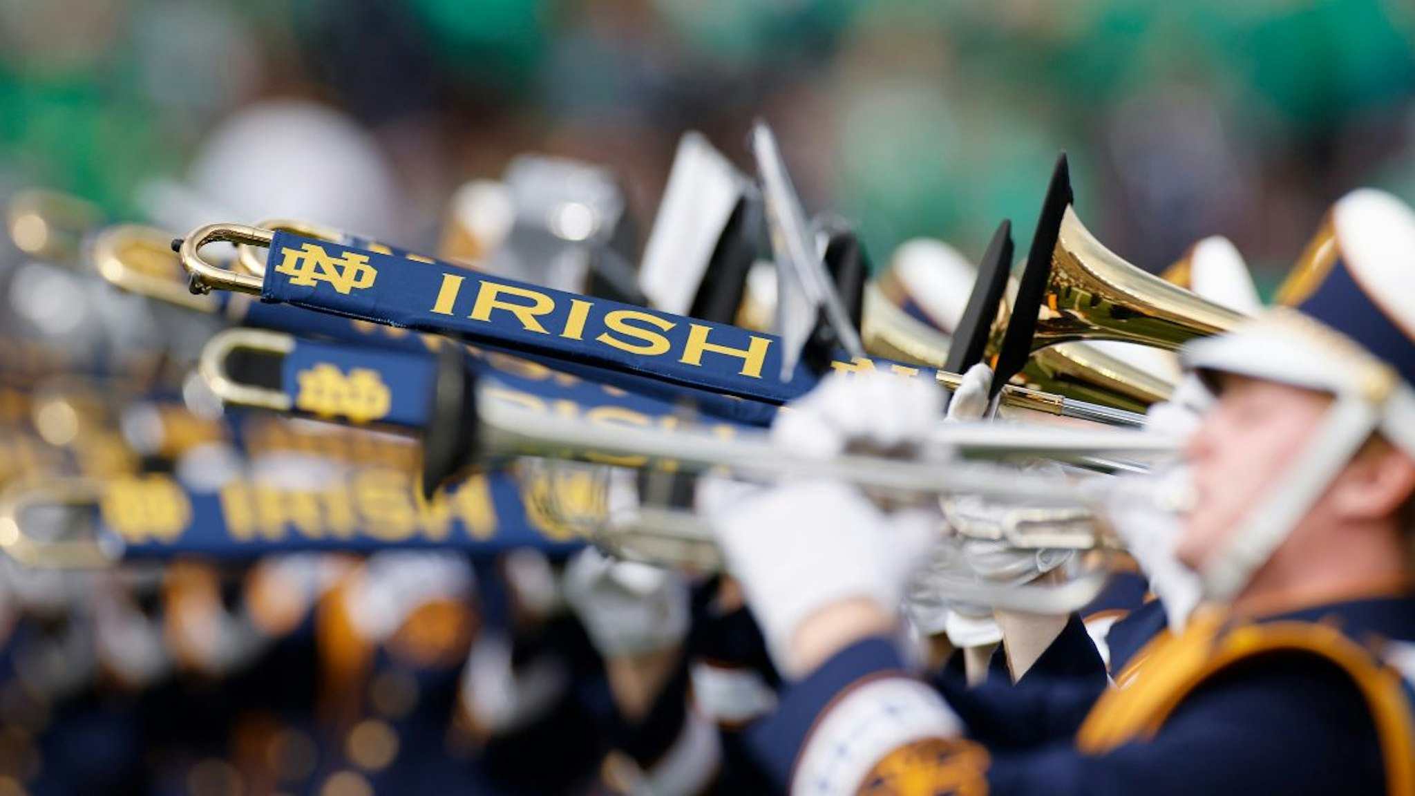 The Notre Dame Fighting Irish marching band performs on the field prior to a college football game against the Cincinnati Bearcats on Oct. 2, 2021 at Notre Dame Stadium in South Bend, Indiana.