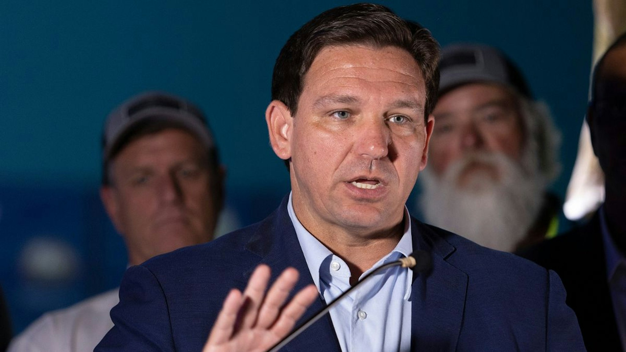 Florida Gov. Ron DeSantis speaks during a press conference held at the Cox Science Center & Aquarium on June 08, 2022 in West Palm Beach, Florida.