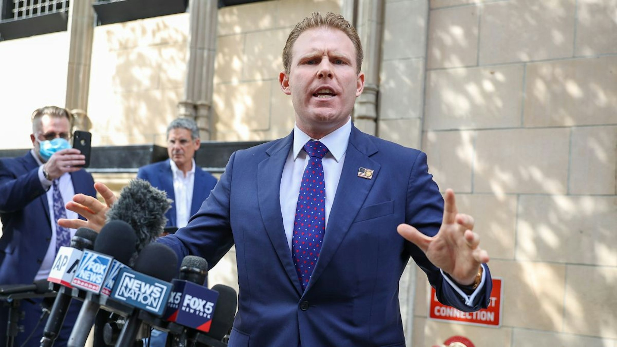 Andrew Giuliani speaks to the members of press outside the apartment of his father Rudy Giuliani, the former President Donald Trump's personal attorney and the former mayor of New York City, after FBI has executed a search warrant in Manhattan of New York City, United States on April 28, 2021.