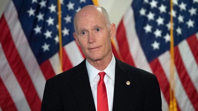 US Senator Rick Scott, Republican of Florida, speaks to the media before the weekly Senate Republican lunch on Capitol Hill in Washington, DC, November 10, 2020.