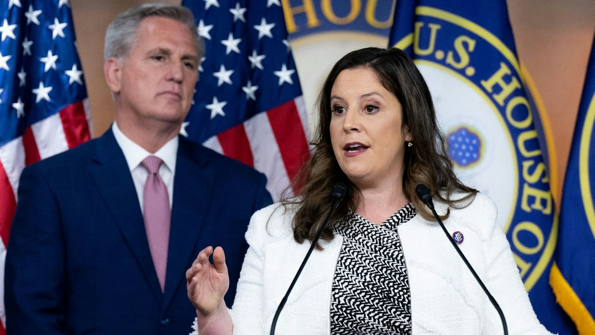 House Minority Leader Kevin McCarthy, Republican of California, and Representative Elise Stefanik (R), Republican of New York and chair of the House Republican Conference, holds a press conference on Capitol Hill in Washington, DC, June 9, 2022.