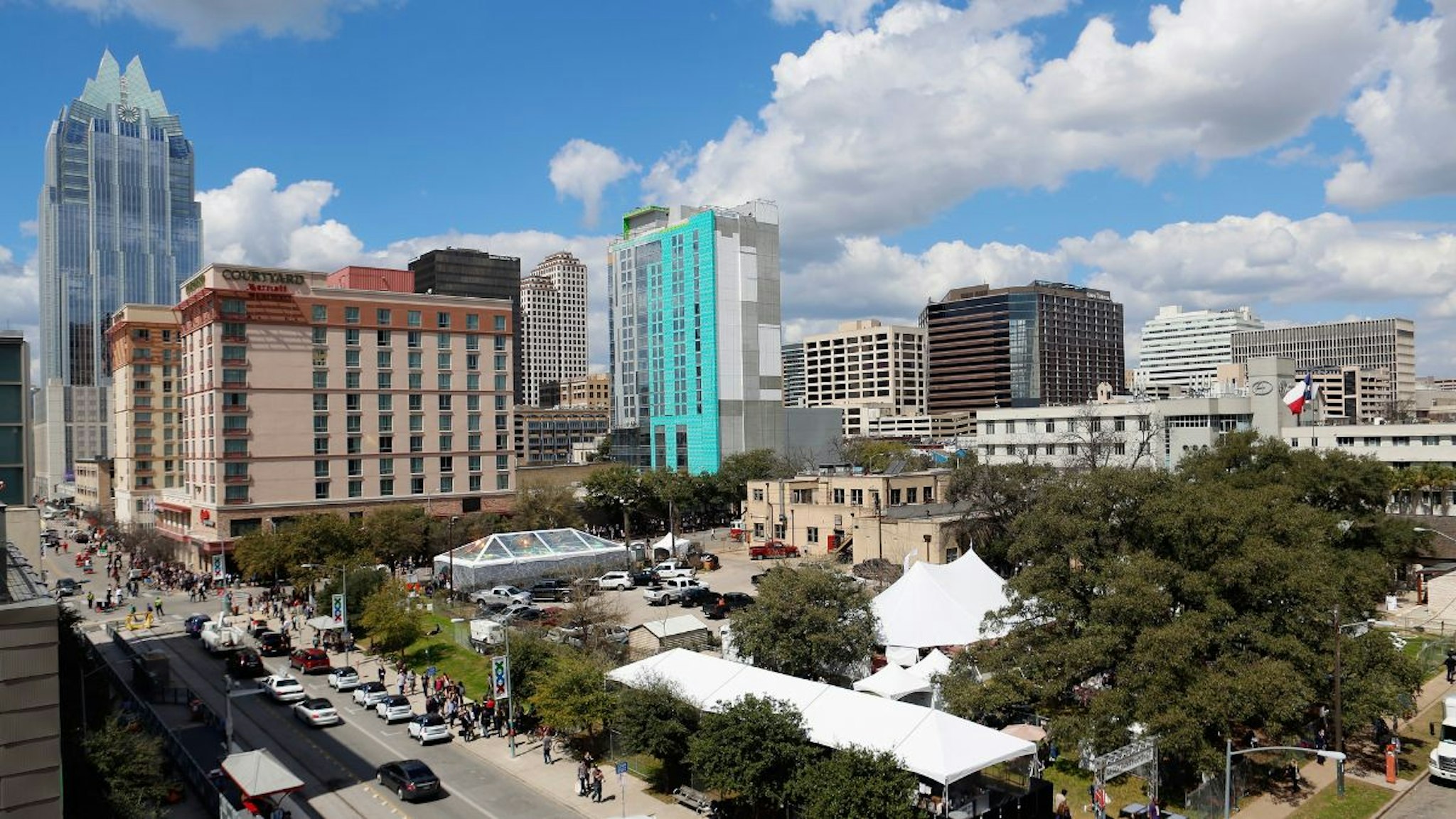 A view of the Austin city skyline during the 2015 SXSW Music, Film + Interactive Festival on March 13, 2015 in Austin, Texas.