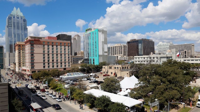 A view of the Austin city skyline during the 2015 SXSW Music, Film + Interactive Festival on March 13, 2015 in Austin, Texas.