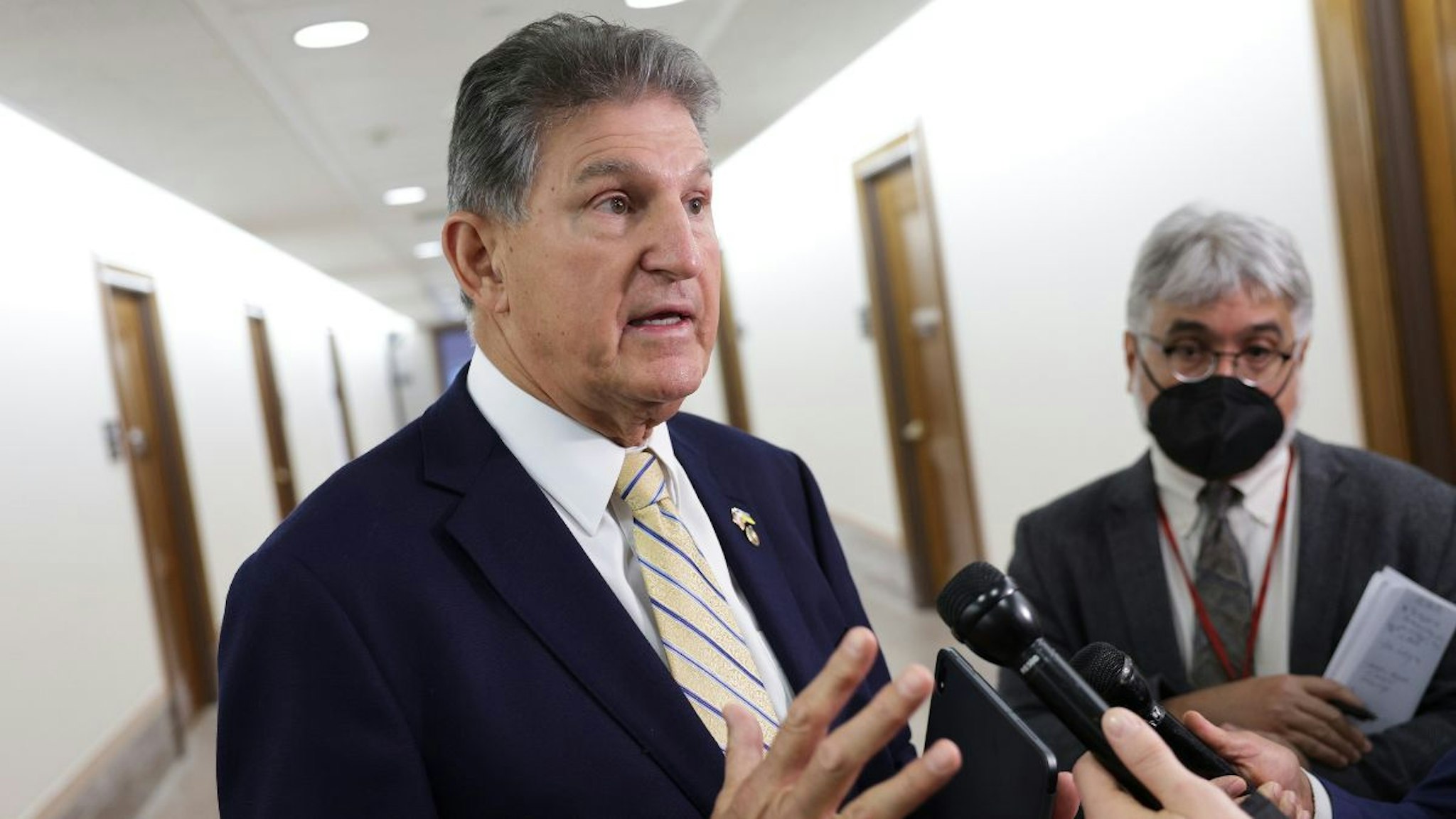 U.S. Sen. Joe Manchin (D-WV), Chairman of the Senate Energy and Natural Resources Committee, talks to reporters before a hearing with Interior Secretary Deb Haaland, at the Dirksen Senate Office Building on May 19, 2022 in Washington, DC.