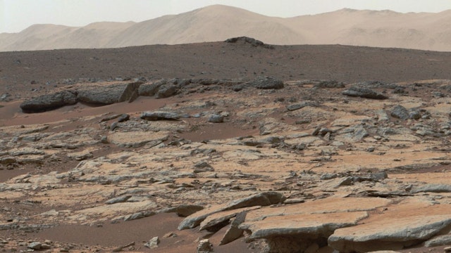 A photo, covered by NASA's Curiosity Mars rover, shows series of sedimentary deposits in the Glenelg area of Gale Crater, from a perspective in Yellowknife Bay looking toward west-northwest on December 09, 2013.