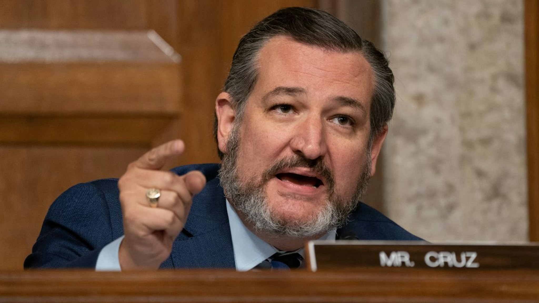 U.S. Sen. Ted Cruz (R-TX) questions former FBI Director James Comey, who was appearing remotely, at a hearing of the Senate Judiciary Committee on September 30, 2020 in Washington, DC.