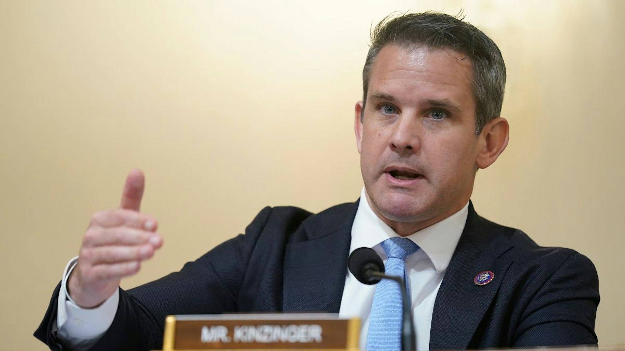 Rep. Adam Kinzinger (R-IL) questions witnesses during the House Select Committee investigating the January 6 attack on the U.S. Capitol on July 27, 2021 at the Cannon House Office Building in Washington, DC.