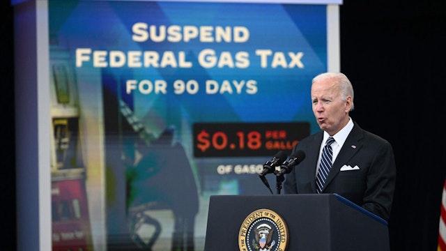US President Joe Biden delivers remarks on efforts to lower high gas prices in the South Court Auditorium at Eisenhower Executive Office Building June 22, 2022 in Washington, DC.