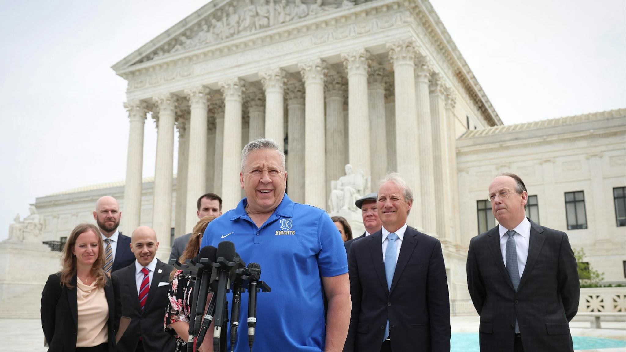 Joseph Kennedy, Supreme Court WASHINGTON, DC - APRIL 25: Former Bremerton High School assistant football coach Joe Kennedy answers questions after his legal case, Kennedy vs. Bremerton School District, was argued before the Supreme Court on April 25, 2022 in Washington, DC.