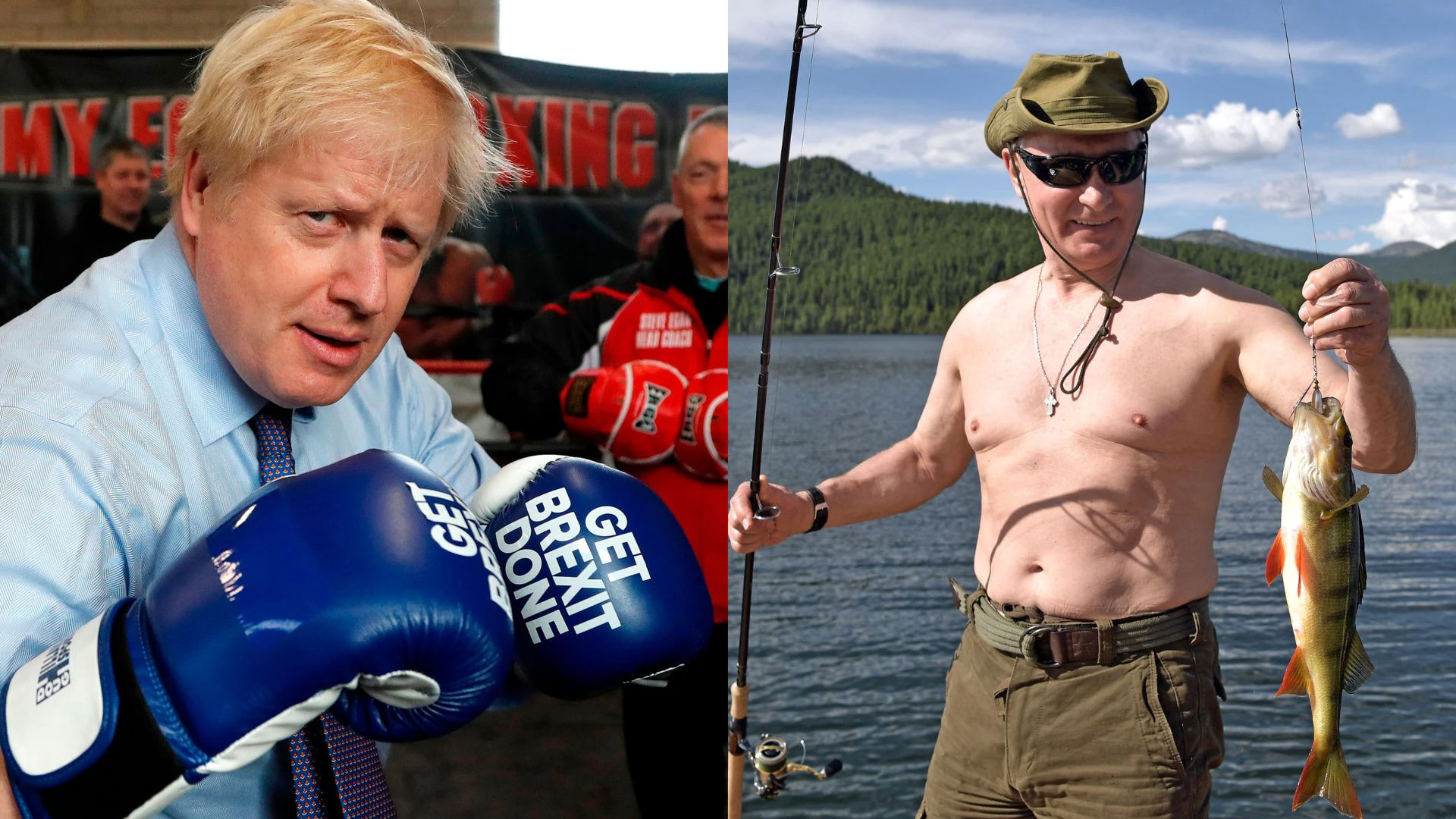 Britain's Prime Minister and leader of the Conservative Party, Boris Johnson wears boxing gloves emblazoned with "Get Brexit Done" as he poses for a photograph at Jimmy Egan's Boxing Academy in Manchester north-west England on November 19, 2019, during a general election campaign trip. TOPSHOT - Russian President Vladimir Putin fishes in the remote Tuva region in southern Siberia.