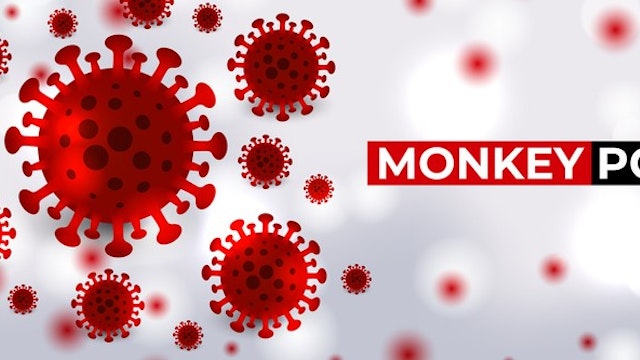 onkeypox virus cells outbreak medical banner. Monkeypox virus cells on white sciense background. Monkey pox microbiological vector background.