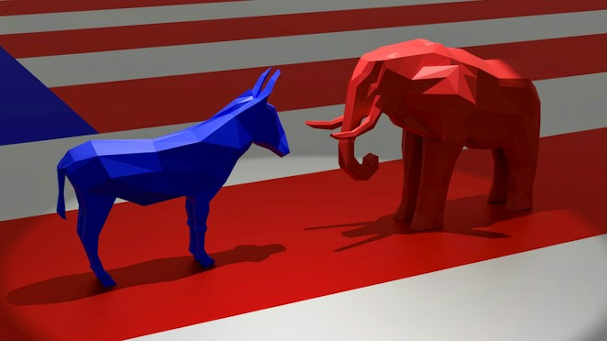 Rendering of the blue donkey and the red elephant in a spotlight representing the Democratic and Republican political parties, respectively, on top of the American Flag.