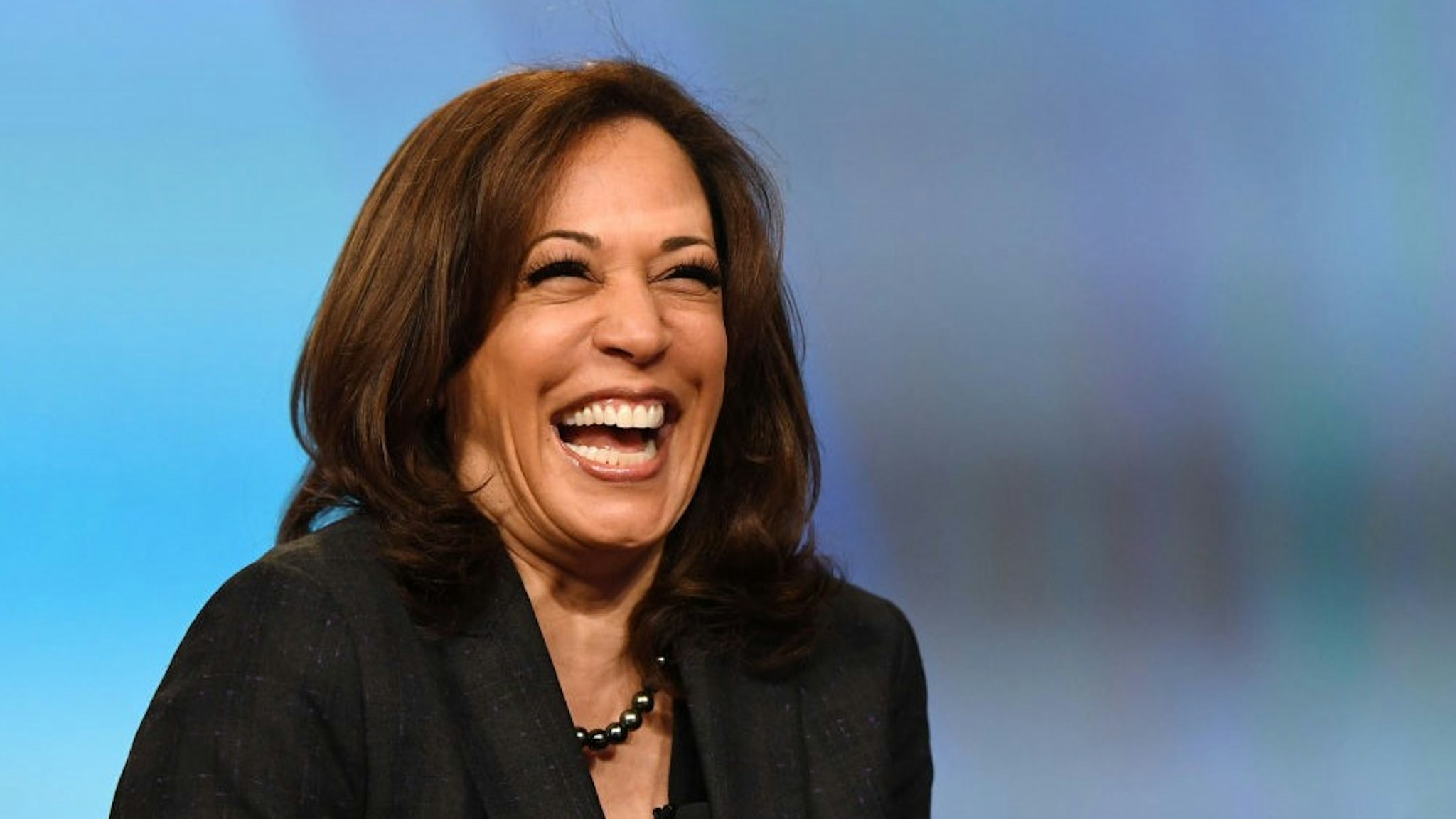 LAS VEGAS, NEVADA - MARCH 01: U.S. Sen. Kamala Harris (D-CA) laughs while speaking at the "Conversations that Count" event during the Black Enterprise Women of Power Summit at The Mirage Hotel &amp; Casino on March 1, 2019 in Las Vegas, Nevada. Harris is campaigning for the 2020 Democratic nomination for president. (Photo by