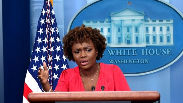 New White House Press Secretary Karine Jean-Pierre speaks to reporters in the James S Brady Press Briefing Room of the White House in Washington, DC, on May 16, 2022. (Photo by Nicholas Kamm / AFP) (Photo by
